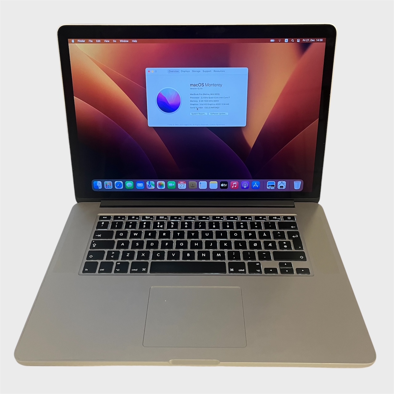 Nimetus: MacBook Pro 15″ Operatsioonisüsteem: macOS Monterey 12.7.6 Kõvaketas: 250 GB SSD Protsessor: 2,3 GHz Intel Core I7 Ekraan:  15″ Mälu: 8GB Aku: Cycle co