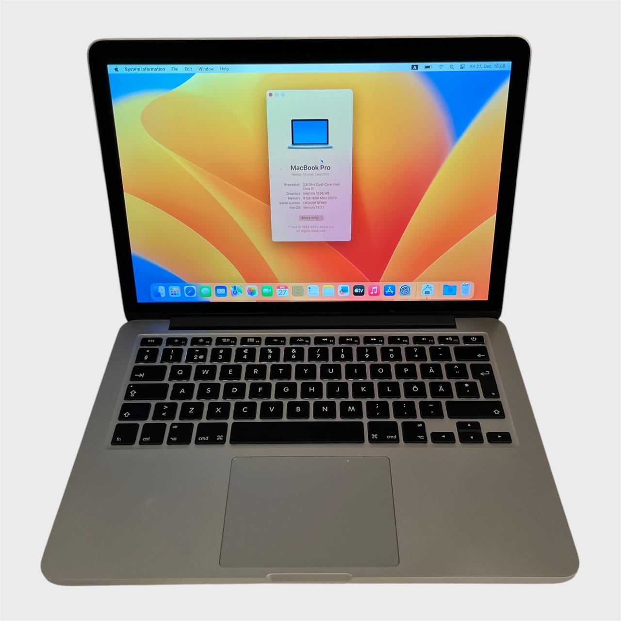 Nimetus: MacBook Pro 13″ Operatsioonisüsteem: macOS Ventura 13.7.1 Kõvaketas: 250 GB SSD Protsessor: 2,8 GHz Intel Core I7 Ekraan:  13″ Mälu: 8GB Aku: Cycle cou